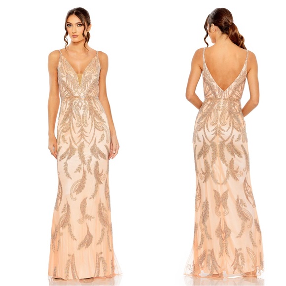 Mac Duggal 6015 V Neck Sequin Embellished Gown Apricot NEW $598